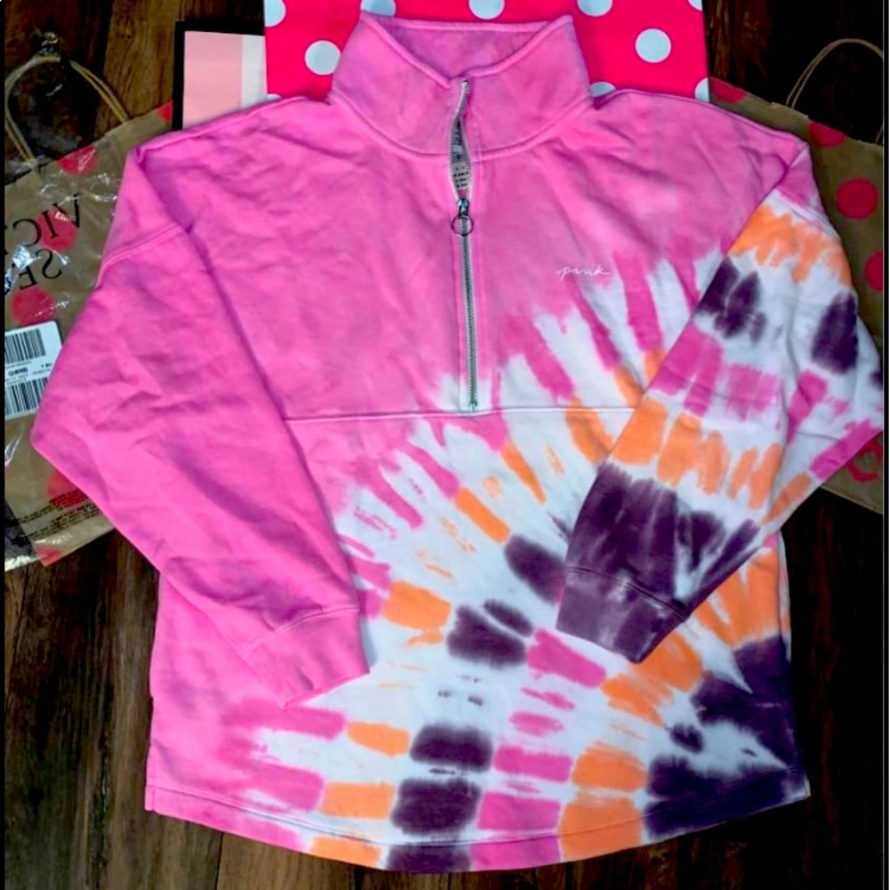 NEW VS PINK size SMALL Tie-Dye Varsity Quarter Zip Pullover.